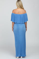 Blue Pleated Ruffle Off Shoulder Maternity Maxi Dress