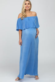 Blue Pleated Ruffle Off Shoulder Maternity Maxi Dress