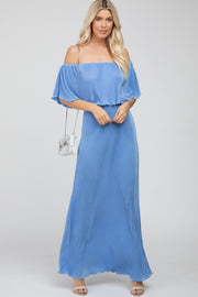 Blue Pleated Ruffle Off Shoulder Maxi Dress