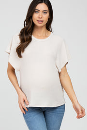 Beige Ribbed Flounce Short Sleeve Maternity Top