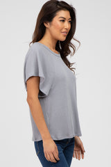 Grey Ribbed Flounce Short Sleeve Top