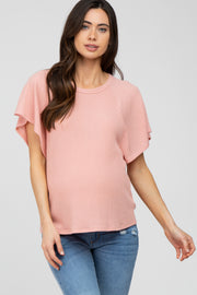 Pink Ribbed Flounce Short Sleeve Maternity Top