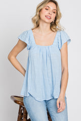 Light Blue Gauze Square Neck Flutter Sleeve Top