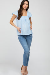 Light Blue Gauze Square Neck Flutter Sleeve Maternity Top