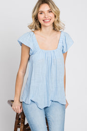 Light Blue Gauze Square Neck Flutter Sleeve Top