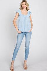 Light Blue Gauze Square Neck Flutter Sleeve Top