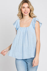 Light Blue Gauze Square Neck Flutter Sleeve Top