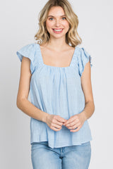 Light Blue Gauze Square Neck Flutter Sleeve Top