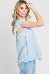 Light Blue Gauze Square Neck Flutter Sleeve Top