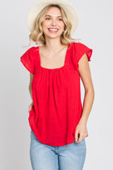 Red Gauze Square Neck Flutter Sleeve Top