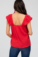 Red Gauze Square Neck Flutter Sleeve Maternity Top