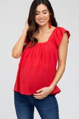 Red Gauze Square Neck Flutter Sleeve Maternity Top