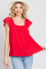 Red Gauze Square Neck Flutter Sleeve Maternity Top