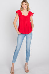 Red Gauze Square Neck Flutter Sleeve Top