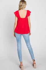 Red Gauze Square Neck Flutter Sleeve Top