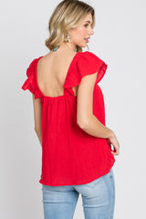 Red Gauze Square Neck Flutter Sleeve Top