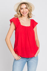 Red Gauze Square Neck Flutter Sleeve Top