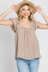 Mocha Gauze Square Neck Flutter Sleeve Top