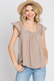 Mocha Gauze Square Neck Flutter Sleeve Top