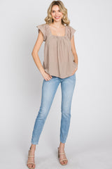 Mocha Gauze Square Neck Flutter Sleeve Top