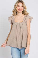 Mocha Gauze Square Neck Flutter Sleeve Top