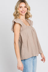 Mocha Gauze Square Neck Flutter Sleeve Top