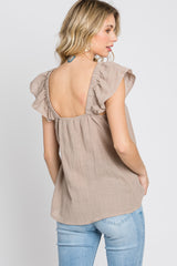 Mocha Gauze Square Neck Flutter Sleeve Top