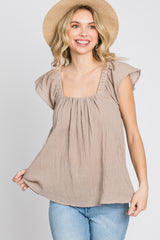 Mocha Gauze Square Neck Flutter Sleeve Top