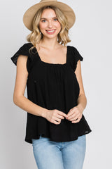 Black Gauze Square Neck Flutter Sleeve Top