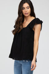 Black Gauze Square Neck Flutter Sleeve Maternity Top