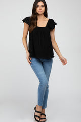 Black Gauze Square Neck Flutter Sleeve Maternity Top