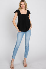 Black Gauze Square Neck Flutter Sleeve Top