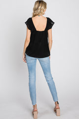 Black Gauze Square Neck Flutter Sleeve Top