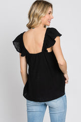 Black Gauze Square Neck Flutter Sleeve Top