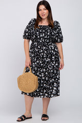 Black Floral Smocked Puff Sleeve Maternity Plus Midi Dress