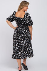 Black Floral Smocked Puff Sleeve Maternity Plus Midi Dress