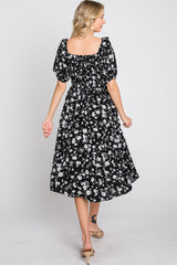 Black Floral Smocked Puff Sleeve Midi Dress