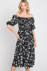 Black Floral Smocked Puff Sleeve Midi Dress