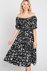 Black Floral Smocked Puff Sleeve Midi Dress