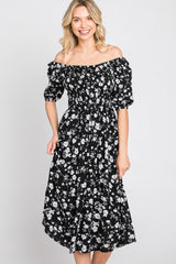 Black Floral Smocked Puff Sleeve Midi Dress