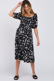 Black Floral Smocked Puff Sleeve Maternity Midi Dress