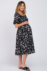 Black Floral Smocked Puff Sleeve Maternity Midi Dress