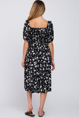 Black Floral Smocked Puff Sleeve Maternity Midi Dress