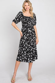 Black Floral Smocked Puff Sleeve Midi Dress