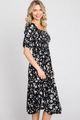 Black Floral Smocked Puff Sleeve Midi Dress