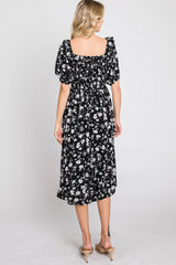 Black Floral Smocked Puff Sleeve Midi Dress