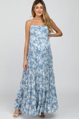 Blue Floral Square Neck Tiered Maternity Maxi Dress