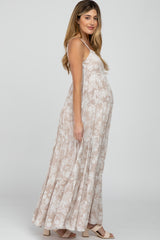 Taupe Floral Square Neck Tiered Maternity Maxi Dress