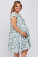 Mint Green Floral Embroidered Ruffle Hem Maternity Plus Dress