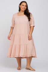 Light Pink Tiered Ruffle Hem Plus Midi Dress